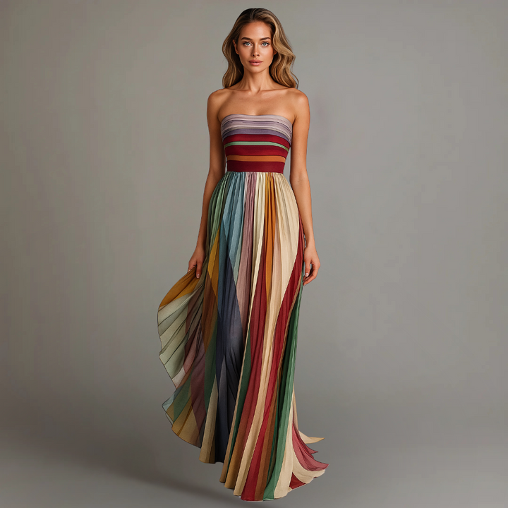 Elegant women's strapless pleated maxi dress in a flowing, multicolor design. Perfect for summer and versatile fashion.