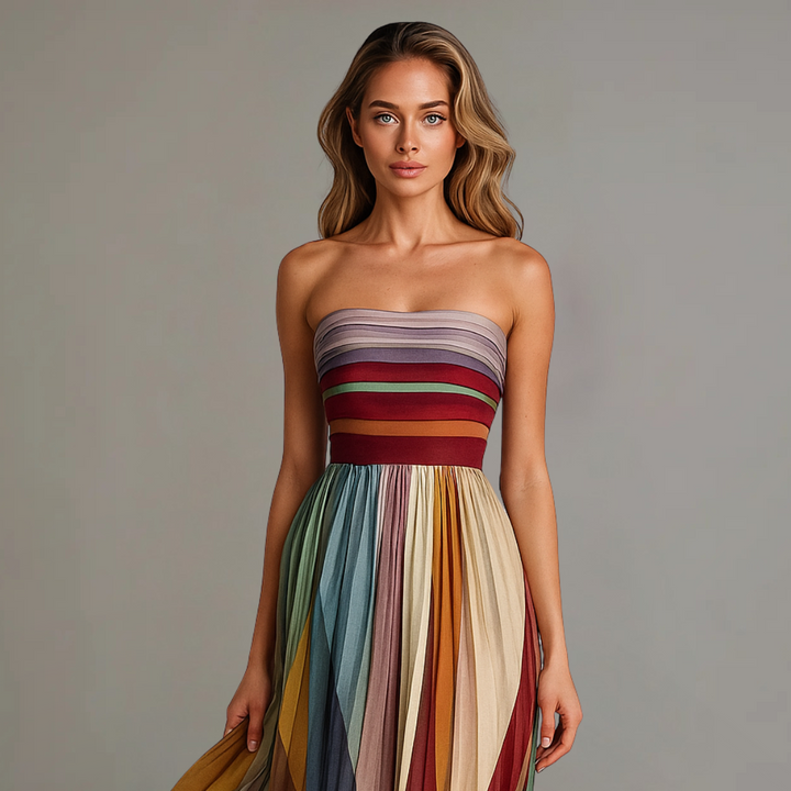 Comfortable and versatile women's strapless pleated maxi dress. Long, flowing design ideal for elegant casual summer wear.