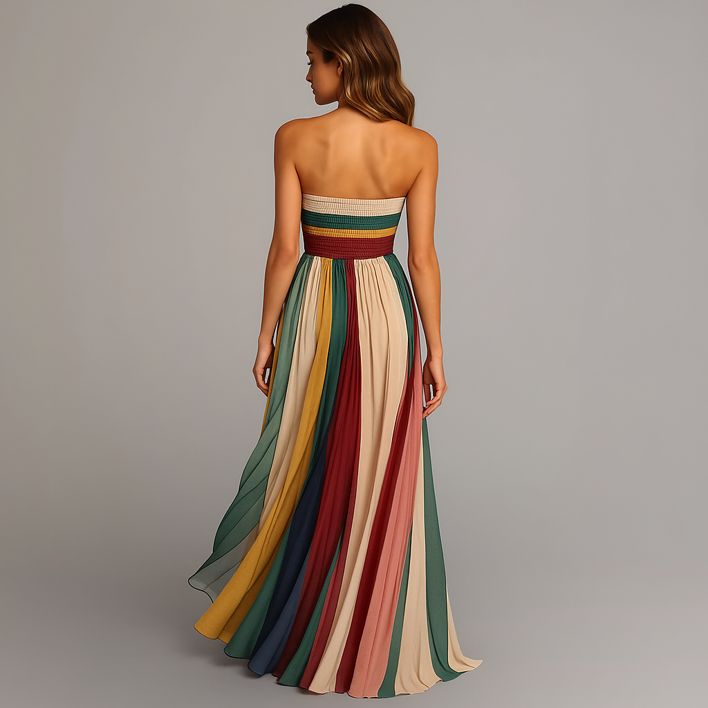 Stylish women's strapless pleated maxi dress featuring a flowing, multicolor fabric. An elegant long dress for summer.