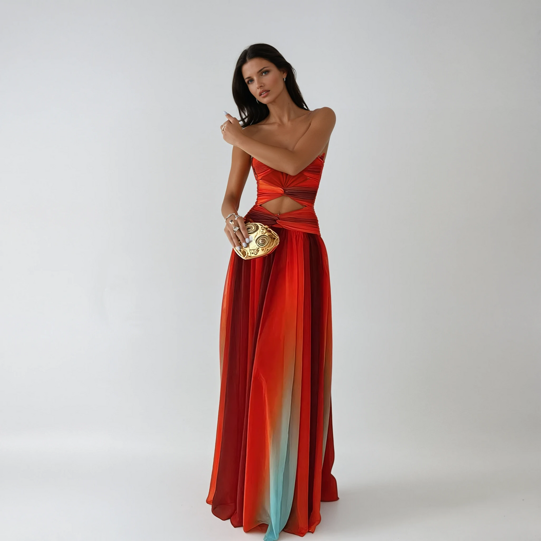Elegant women's strapless red prom maxi dress with A-line skirt, perfect for formal events & evening parties.