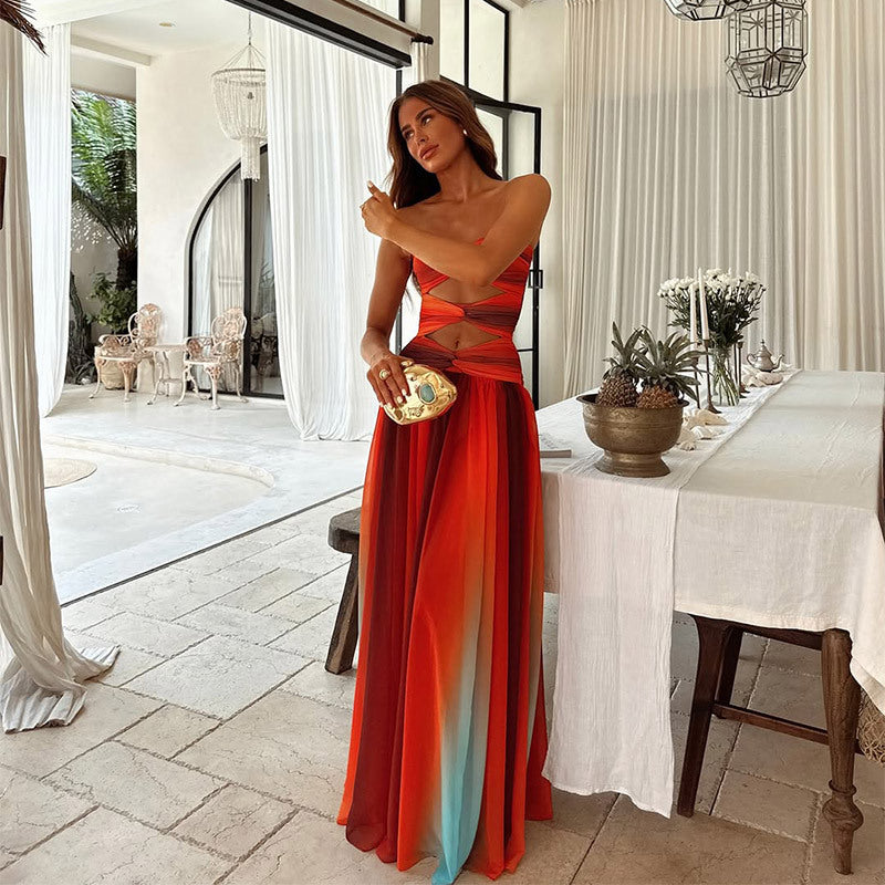 Chic women's strapless maxi dress, an elegant red formal gown ideal for parties & special occasion fashion.