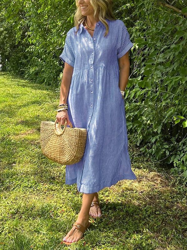 Elegant women's striped button-up shirt, perfect for versatile office or casual chic wear.