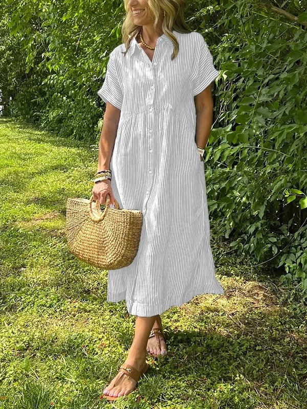 Comfortable women's long sleeve striped button-up shirt, a classic and versatile blouse.