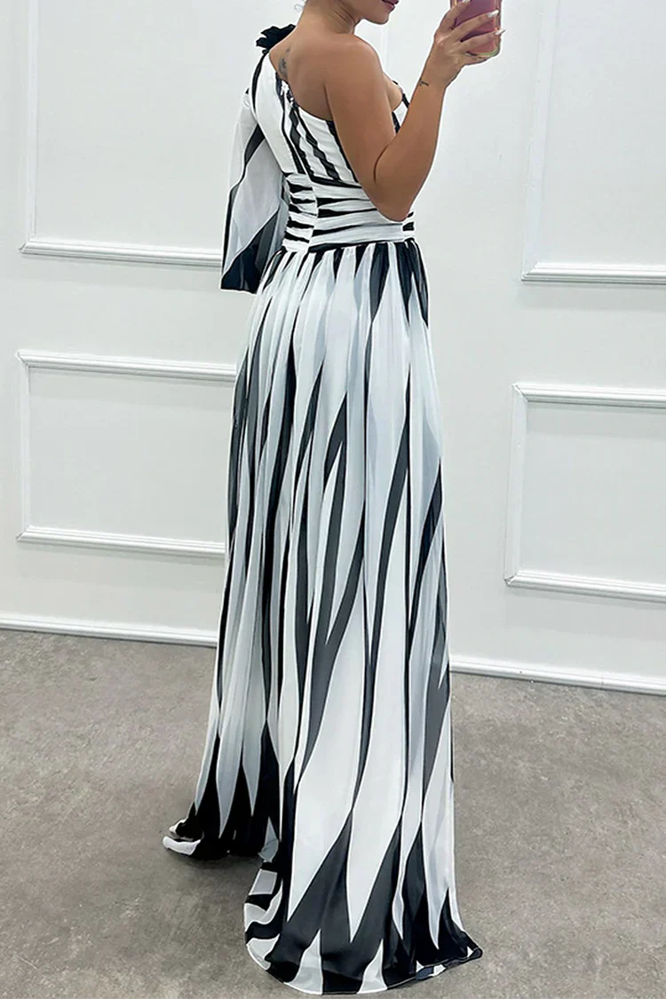 Women's asymmetrical striped maxi dress with an elegant one-shoulder design, long and flowy for summer fashion.