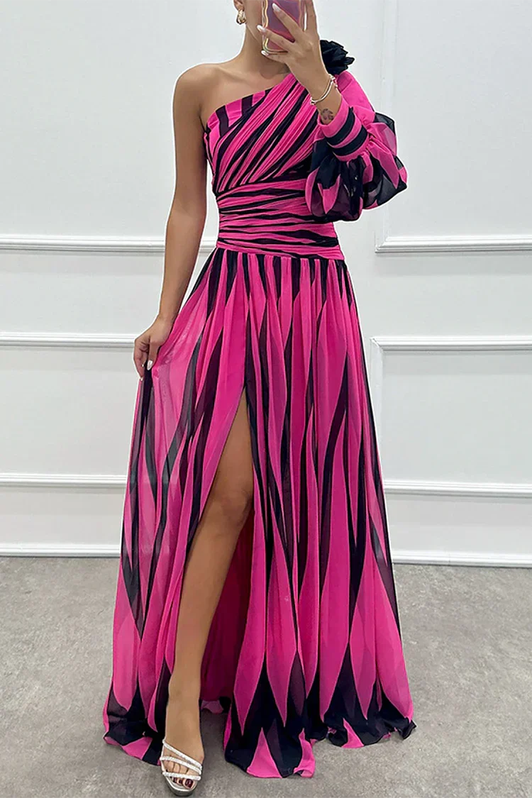 Sophisticated women's elegant striped one-shoulder maxi dress, a long flowy design perfect for summer evenings.