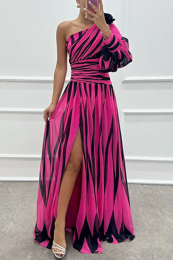 Sophisticated women's elegant striped one-shoulder maxi dress, a long flowy design perfect for summer evenings.