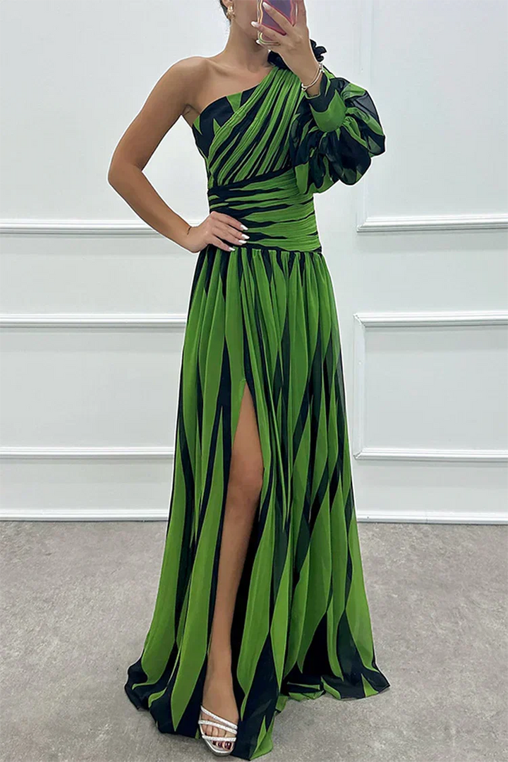 Stylish women's one-shoulder striped long maxi dress, a flowy and elegant choice for summer fashion & parties.