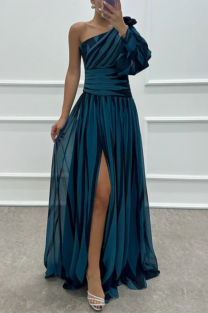 Graceful women's elegant striped one-shoulder maxi dress, a versatile and long party or evening dress.