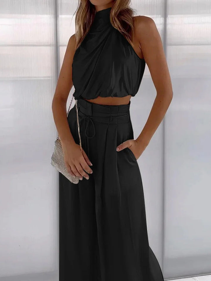 Versatile women's elegant two-piece set. Soft cotton linen comfort wear for travel, lounge, or casual outings.
