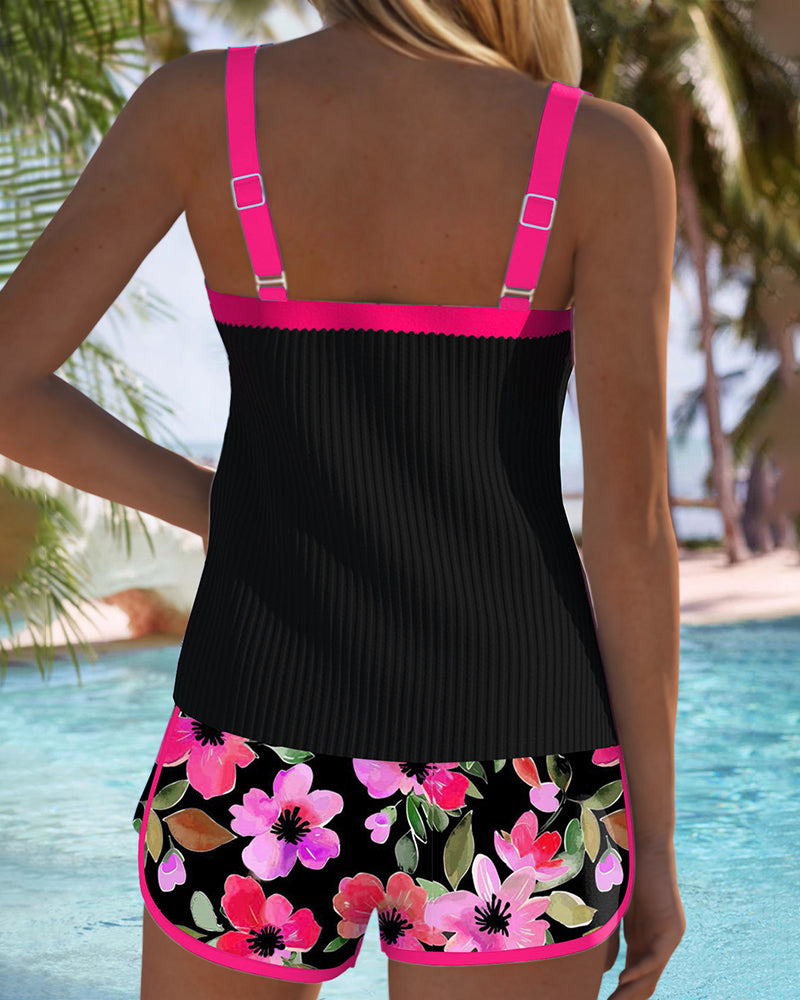 Stylish women's elegant two-piece tankini swimsuit set; perfect modest beachwear.