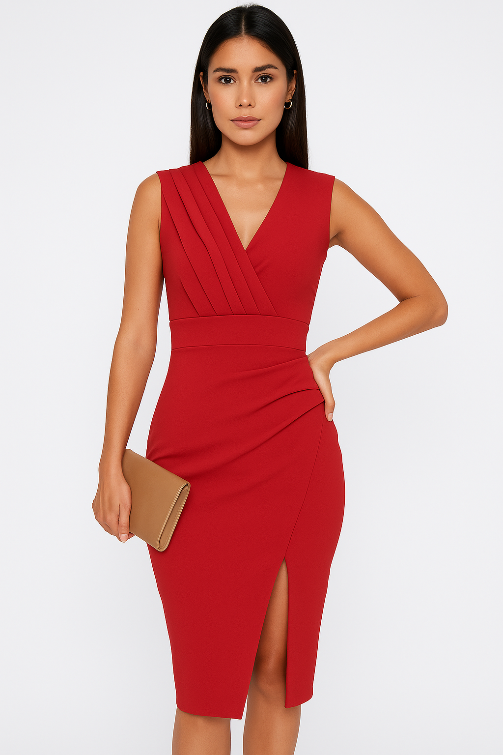 Versatile women's V-neck bodycon midi dress, styled for a luxurious evening or glamorous party look.