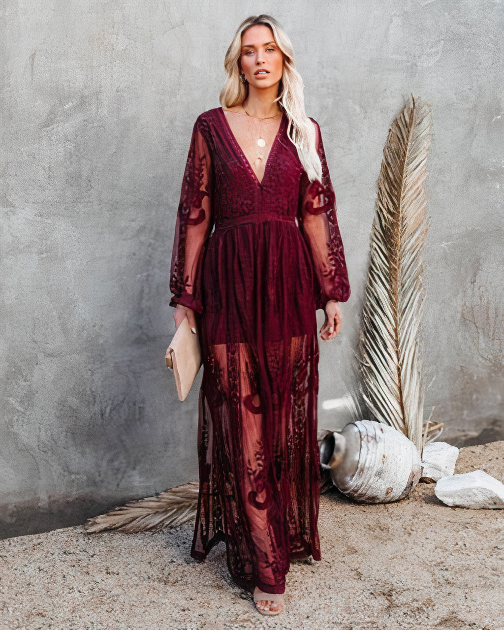 Chic women's long V-neck maxi dress with a sophisticated slit, great for elegant fashion & special occasions.