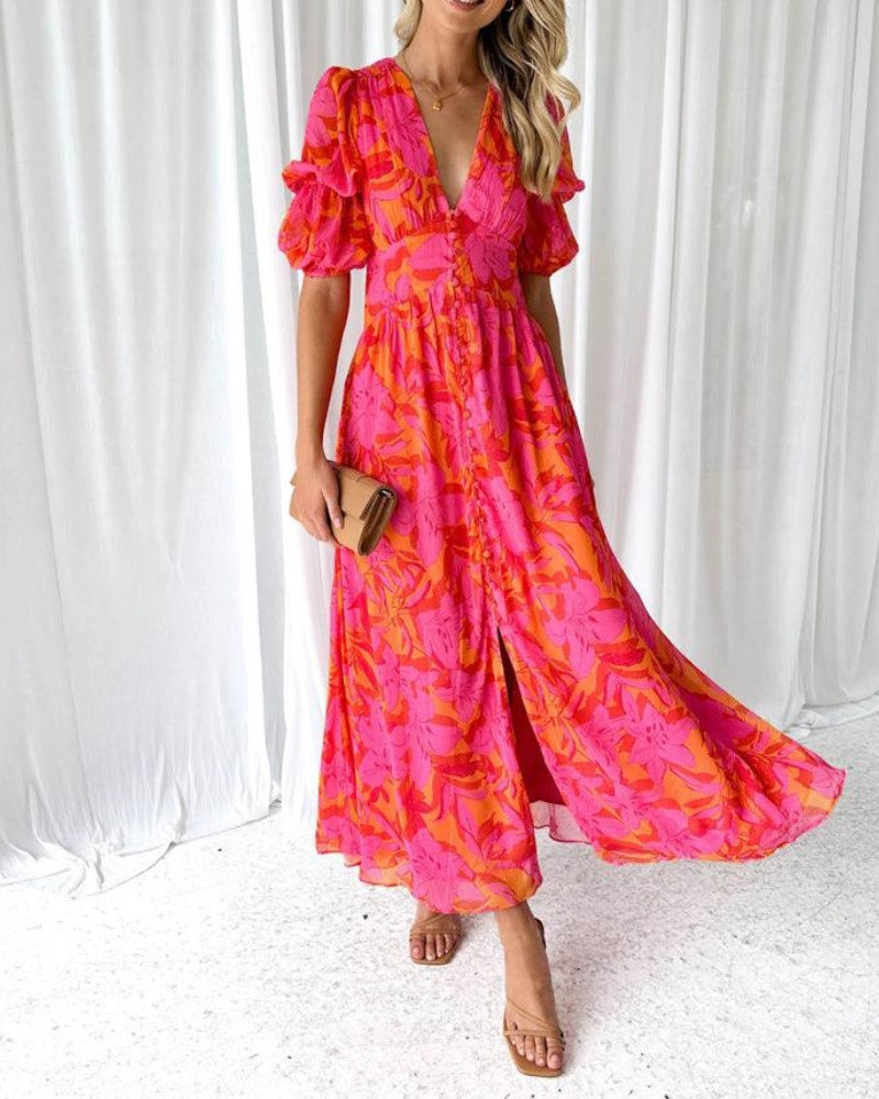 Elegant women's V-neck puff sleeve maxi dress in a flowing fabric, perfect for spring/summer events.