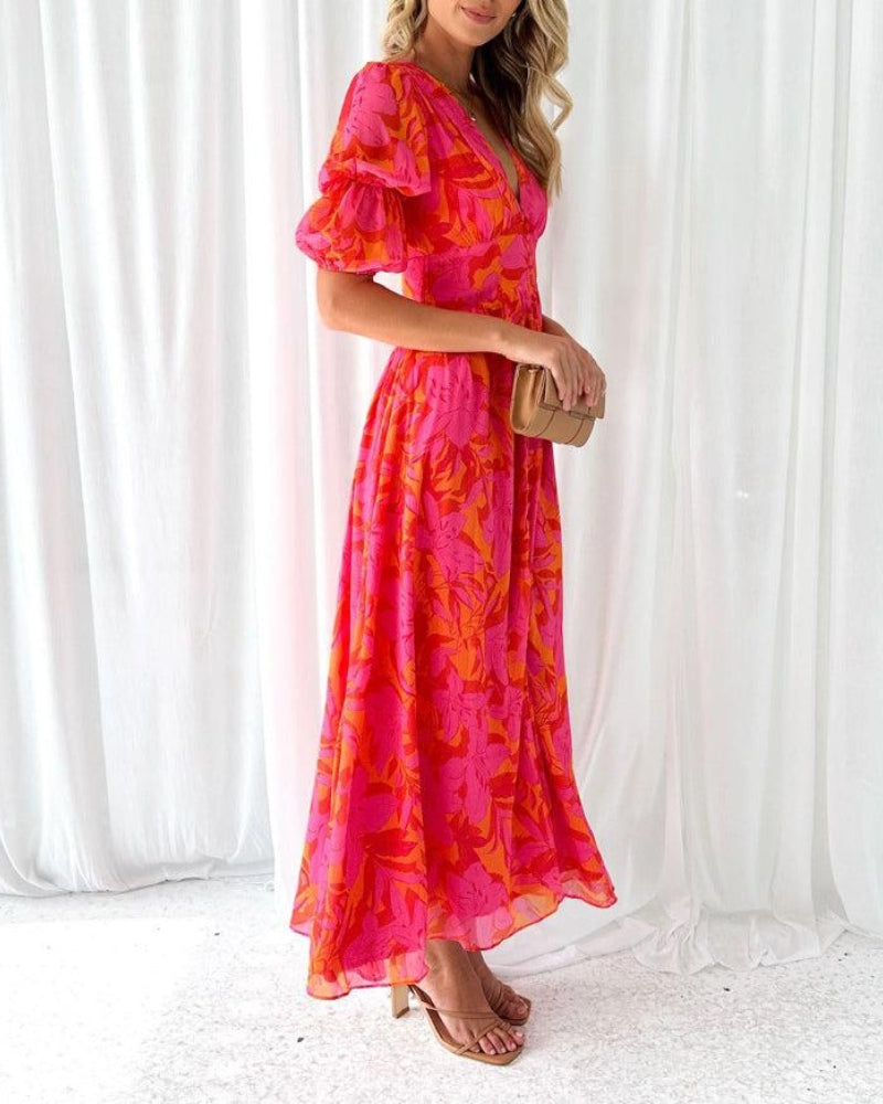 Stylish women's long V-neck puff sleeve maxi dress, available in vibrant red or soft pink, ideal for casual to formal.