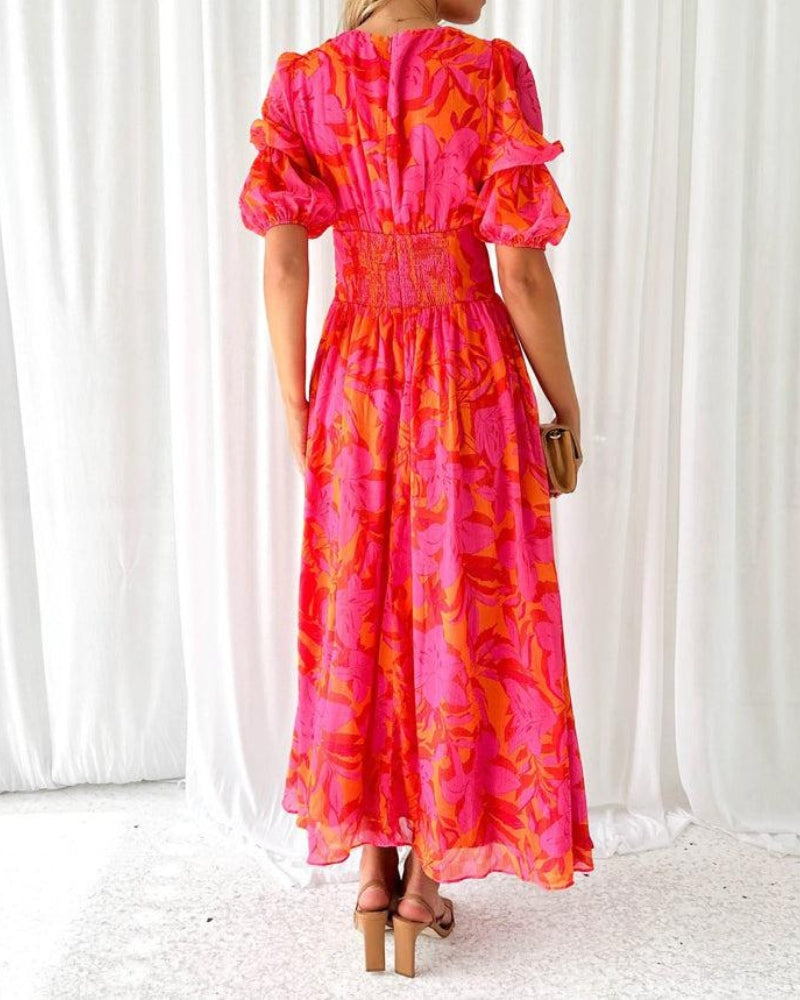 Chic women's puff sleeve V-neck maxi dress with a flattering silhouette, offering comfort & style for any occasion.