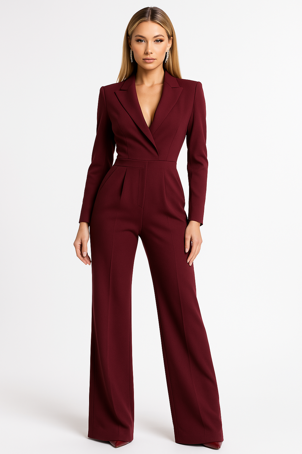 Sophisticated V-neck wide-leg jumpsuit, an elegant choice for women's formal occasions & evening events.