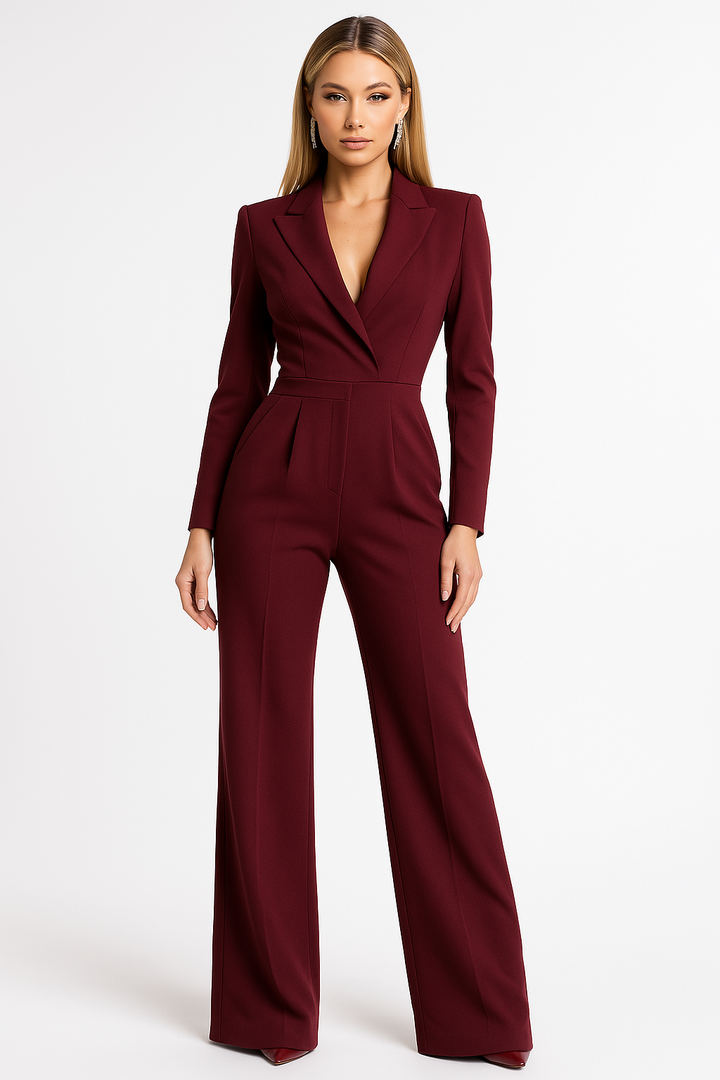 Sophisticated V-neck wide-leg jumpsuit, an elegant choice for women's formal occasions & evening events.