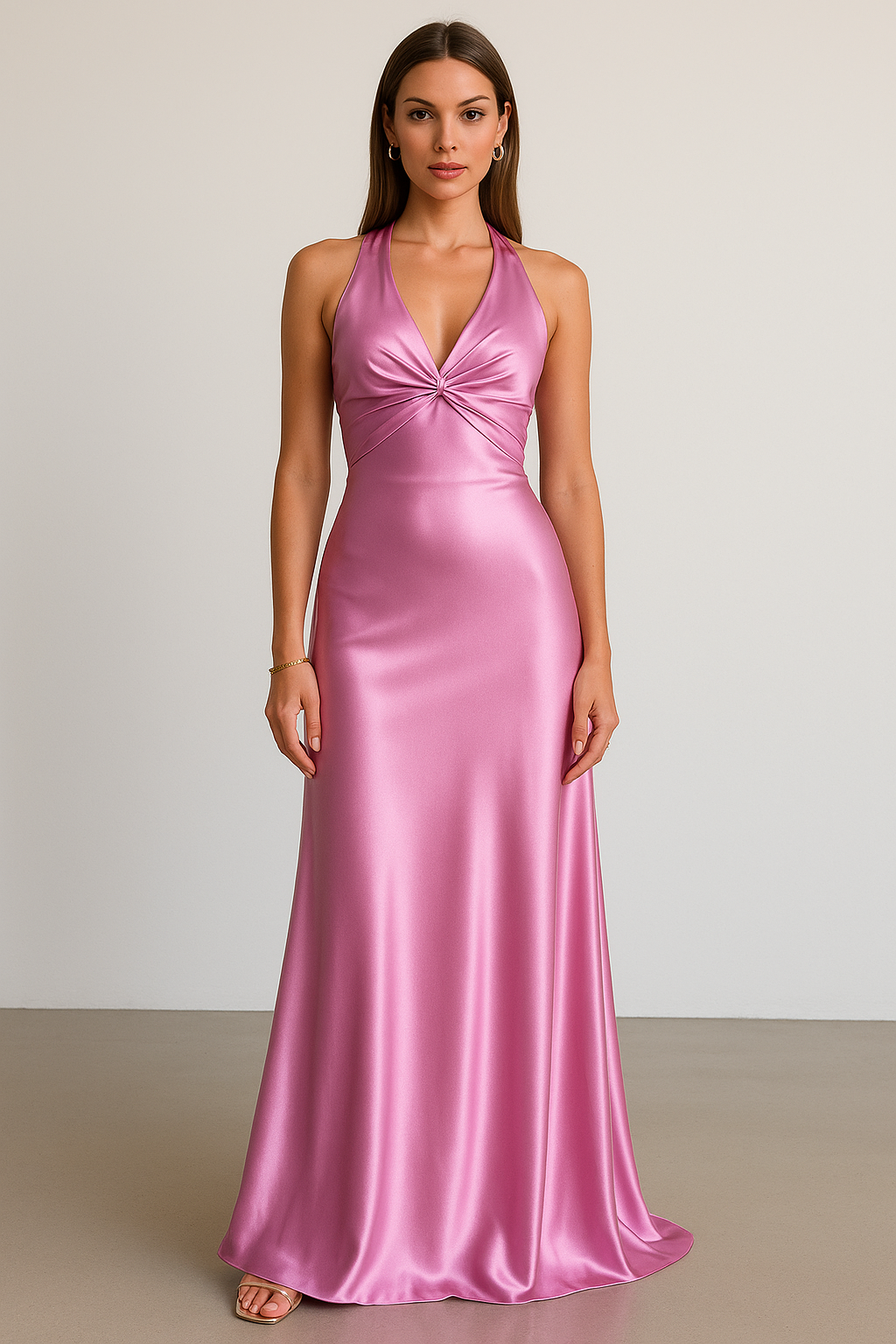 Elegant women's dark pink halter maxi prom dress. A long formal gown for parties & evening events.