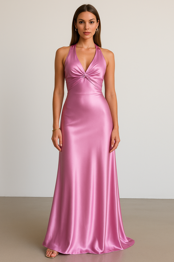 Elegant women's dark pink halter maxi prom dress. A long formal gown for parties & evening events.