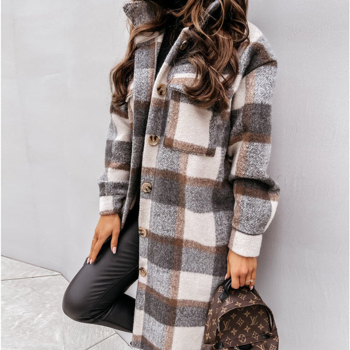 Elegant women's Vivian long checked coat. Stylish, cozy outerwear for fall & winter fashion.
