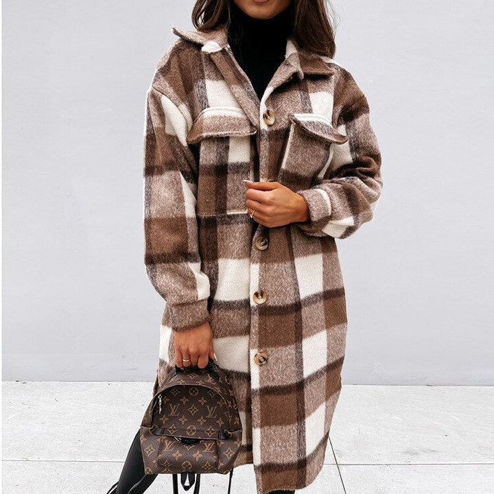 Cozy & stylish Vivian long checked coat for women. Perfect elegant outerwear for casual chic fall/winter fashion.