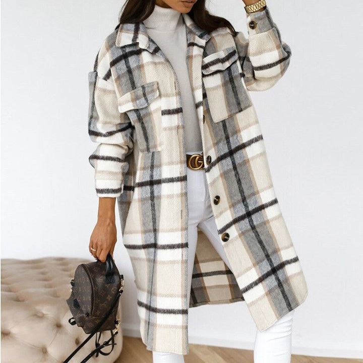 Chic Vivian long checked coat for women. Stylish, cozy outerwear perfect for elegant fall and winter apparel.