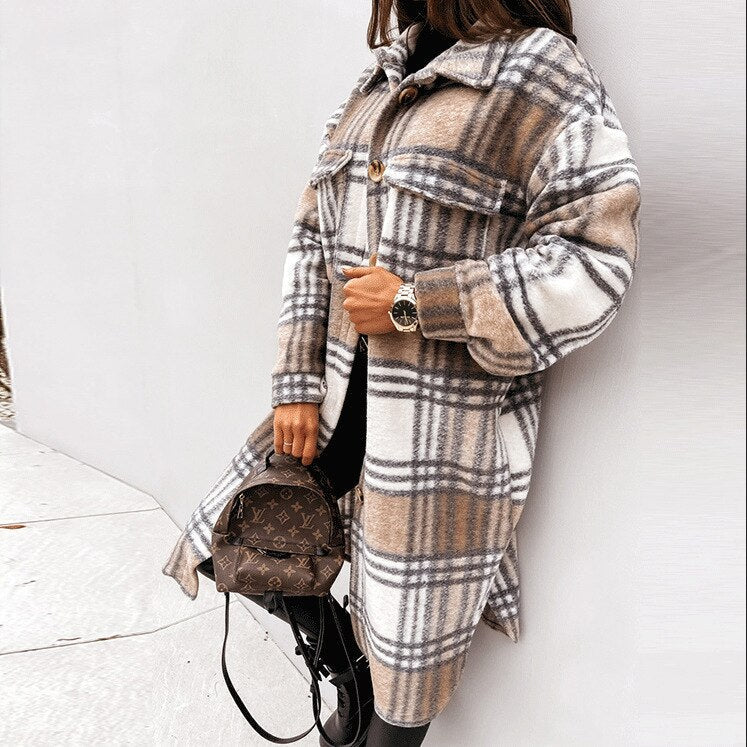 Vivian long checked women's coat. Elegant, stylish, & cozy fall/winter outerwear for modern fashion.