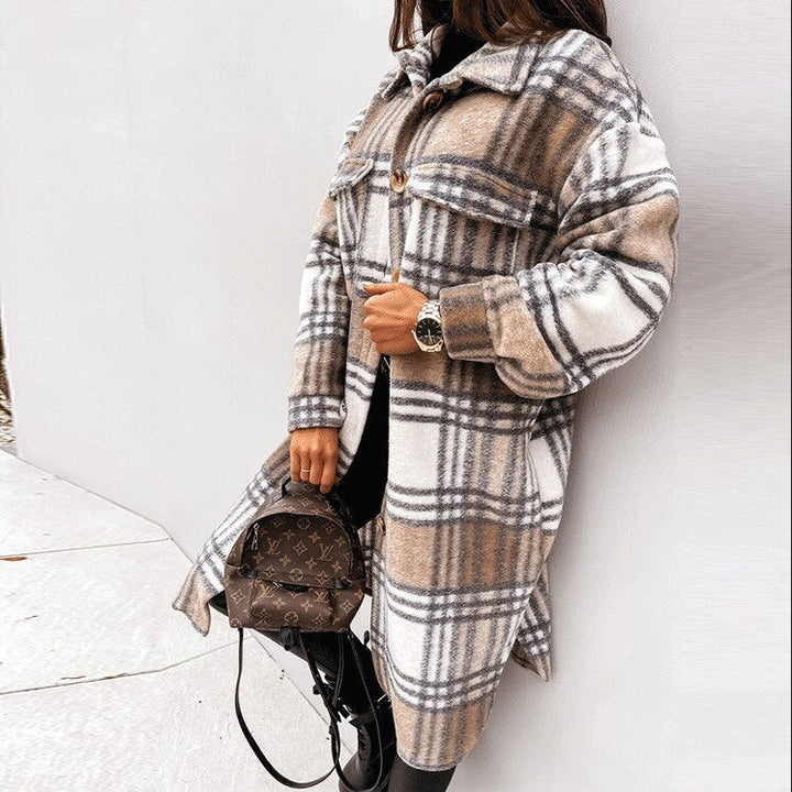 Vivian long checked women's coat. Elegant, stylish, & cozy fall/winter outerwear for modern fashion.