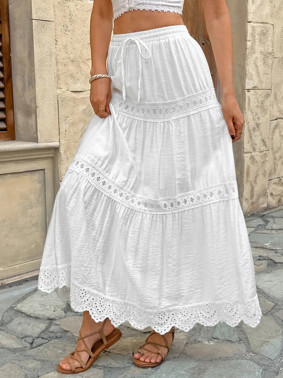 Boho style tiered white lace maxi skirt for women. Ideal casual summer wear & vacation outfit.