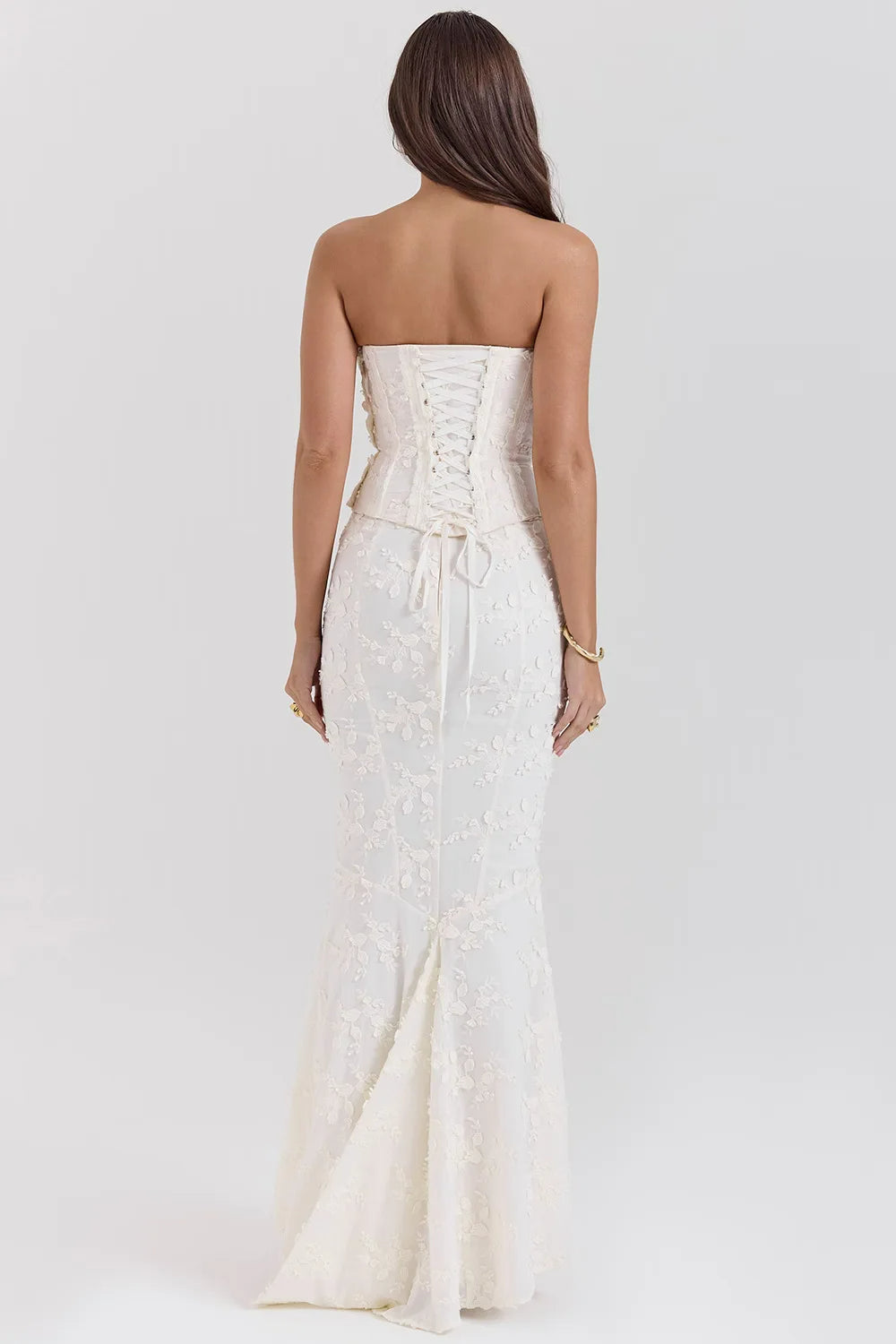 Graceful women's white strapless embroidered maxi dress, a stunning formal evening gown for special events.