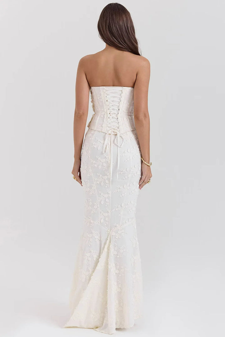 Graceful women's white strapless embroidered maxi dress, a stunning formal evening gown for special events.