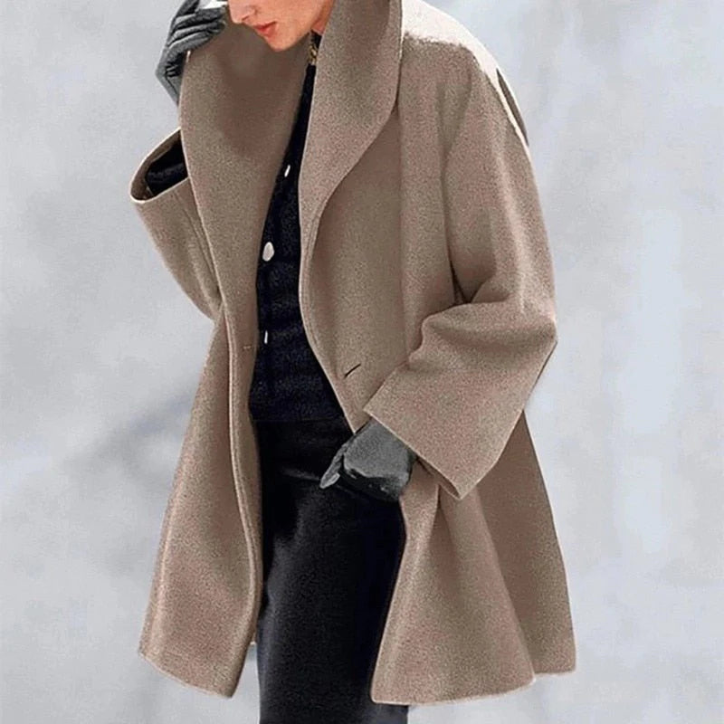 Stylish women's warm wool jacket, insulated for winter. Elegant button-down design, hip-length, perfect chic outerwear.