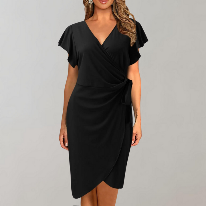 Elegant Women's Work Wrap Midi Dress with flutter sleeves & tie waist. Professional V-neck office attire.