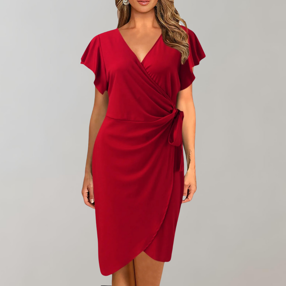 Versatile Women's V-neck Wrap Midi Dress with flutter sleeves & tie waist. Ideal elegant formal work attire.