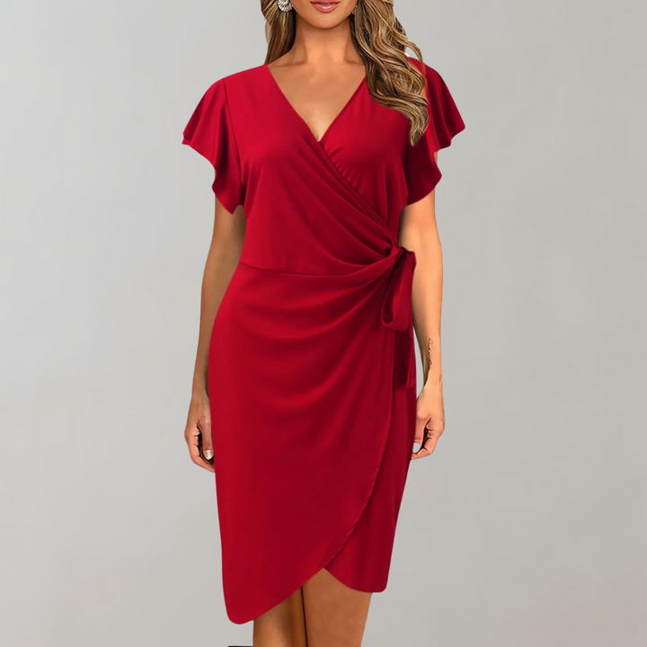 Versatile Women's V-neck Wrap Midi Dress with flutter sleeves & tie waist. Ideal elegant formal work attire.
