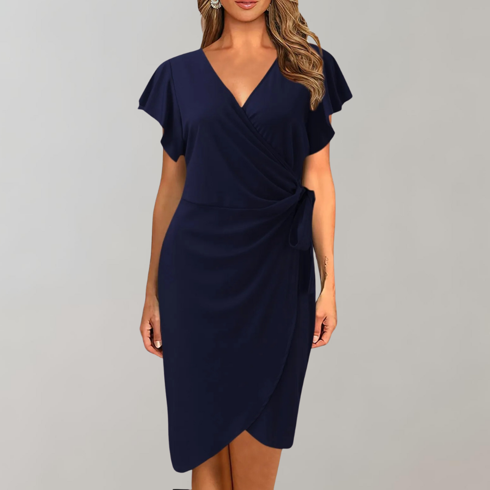 Chic Women's Work Wrap Midi Dress. Features flutter sleeves, tie waist, and comfortable V-neck for all seasons.