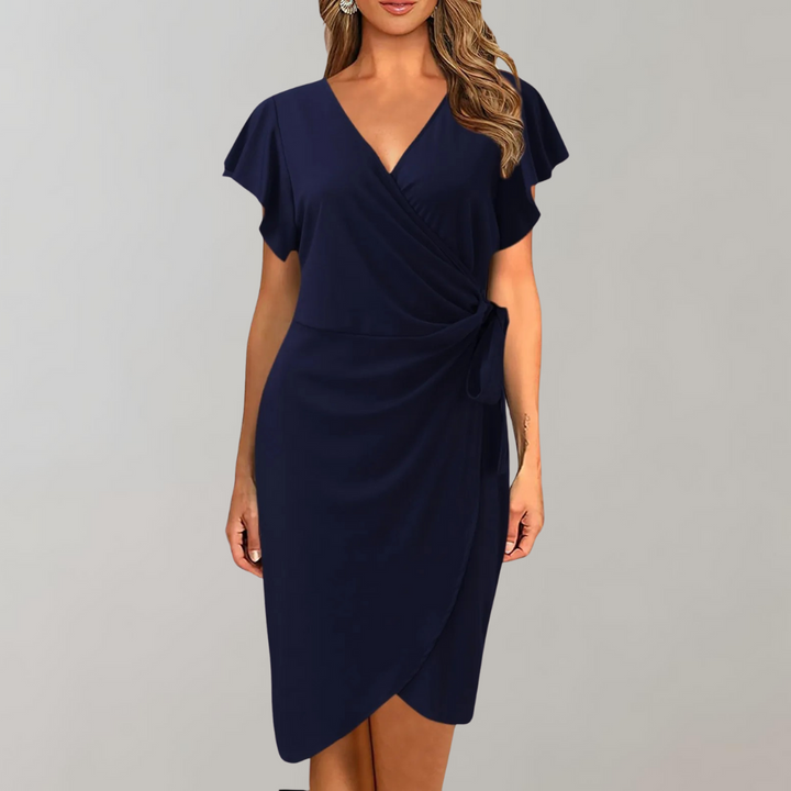 Chic Women's Work Wrap Midi Dress. Features flutter sleeves, tie waist, and comfortable V-neck for all seasons.