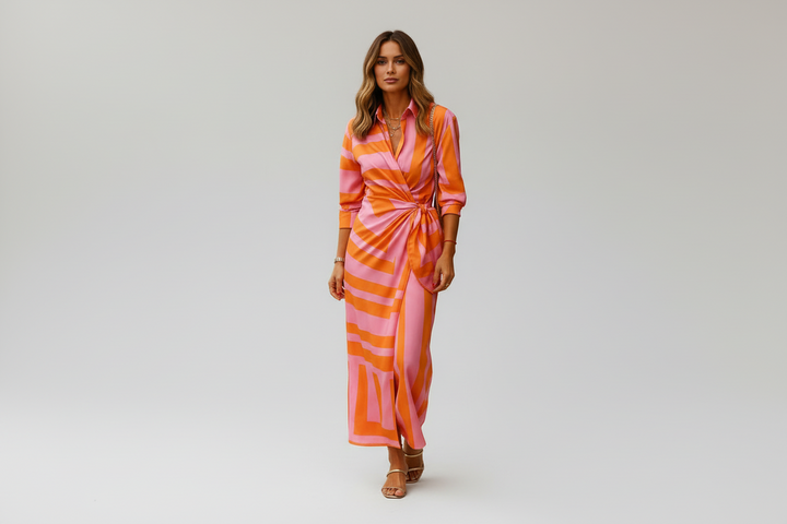 Elegant women's wrap collar summer dress, perfect for comfort & style. Features a flattering fit for day or evening wear.