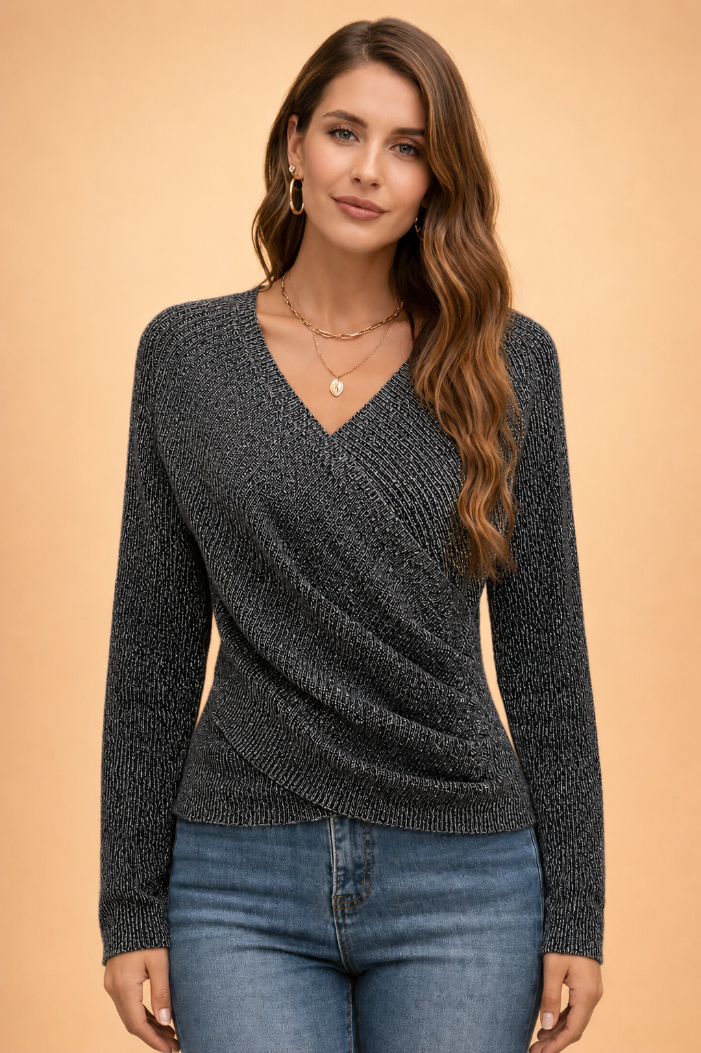 Versatile women's elegant wrap neckline sweater, a comfortable and stylish V-neck top for fall & winter.