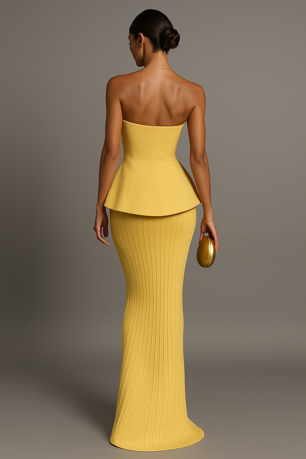 Stylish women's elegant yellow strapless formal maxi dress, a perfect choice for your next evening event.