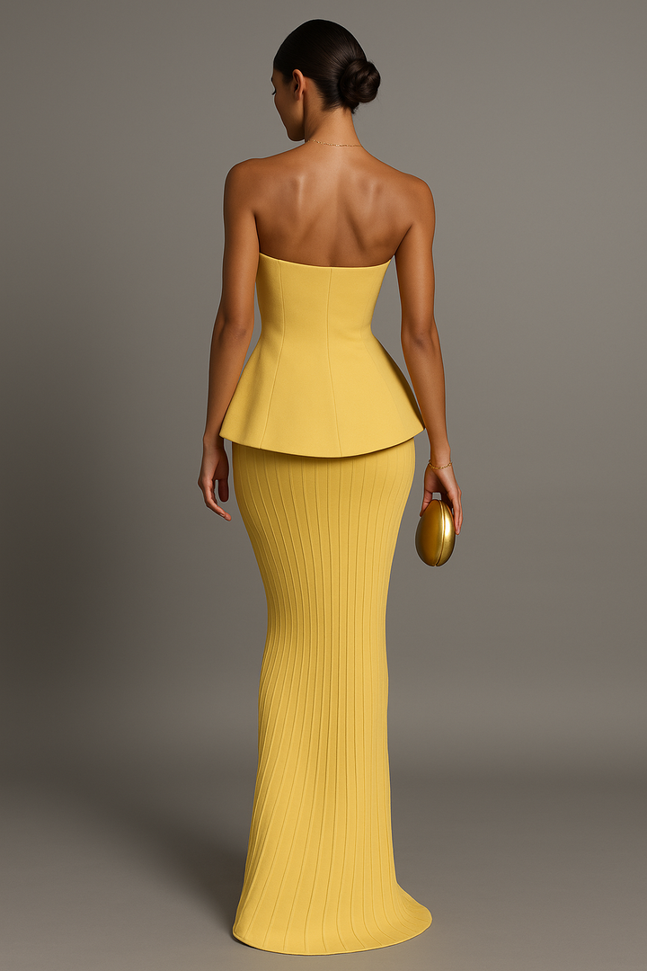 Stylish women's elegant yellow strapless formal maxi dress, a perfect choice for your next evening event.