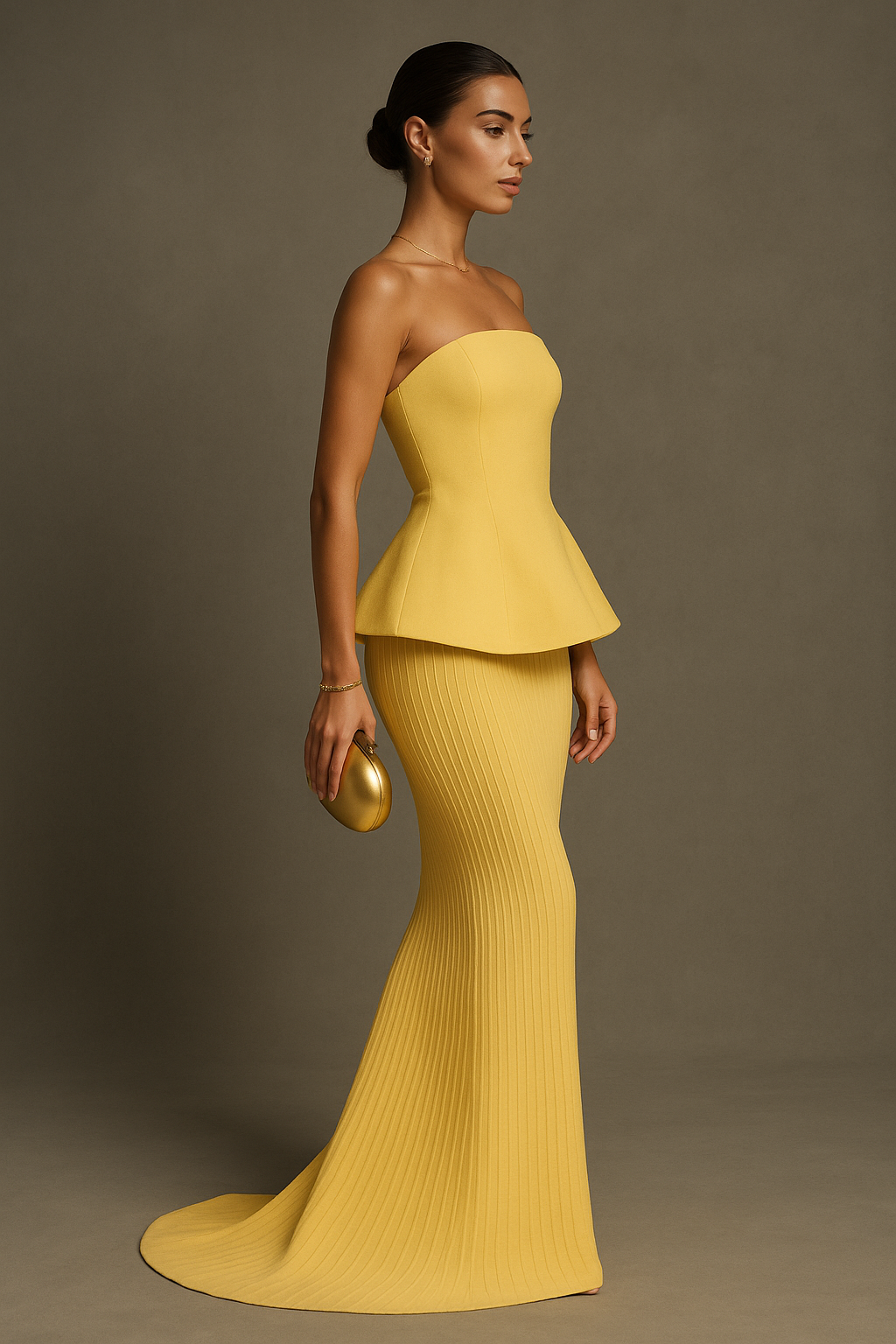 Flowing yellow strapless maxi dress for women, an elegant and flattering formal gown for any special event.