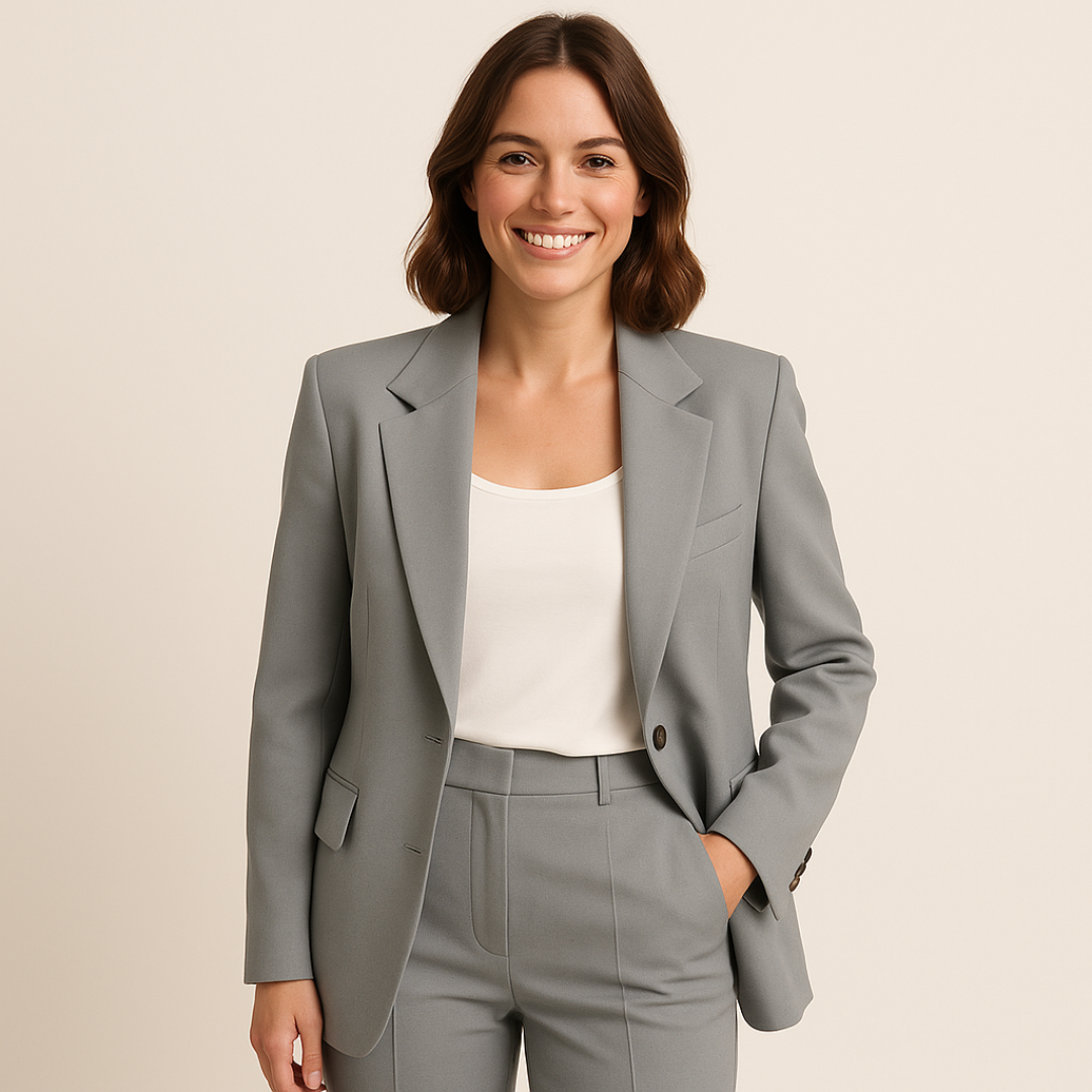 Elegant women's business suit in classic tailoring, navy blue color, perfect for formal and professional settings.