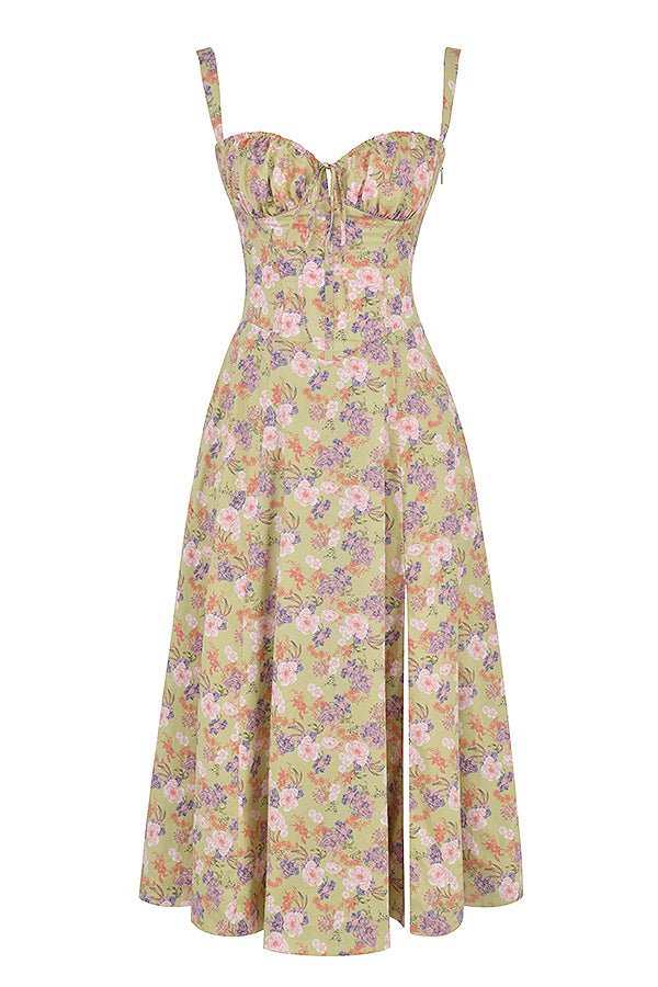 "Elegant women's corset-style waist dress with romantic sweetheart neckline and bow accent, perfect for warm-weather outings.