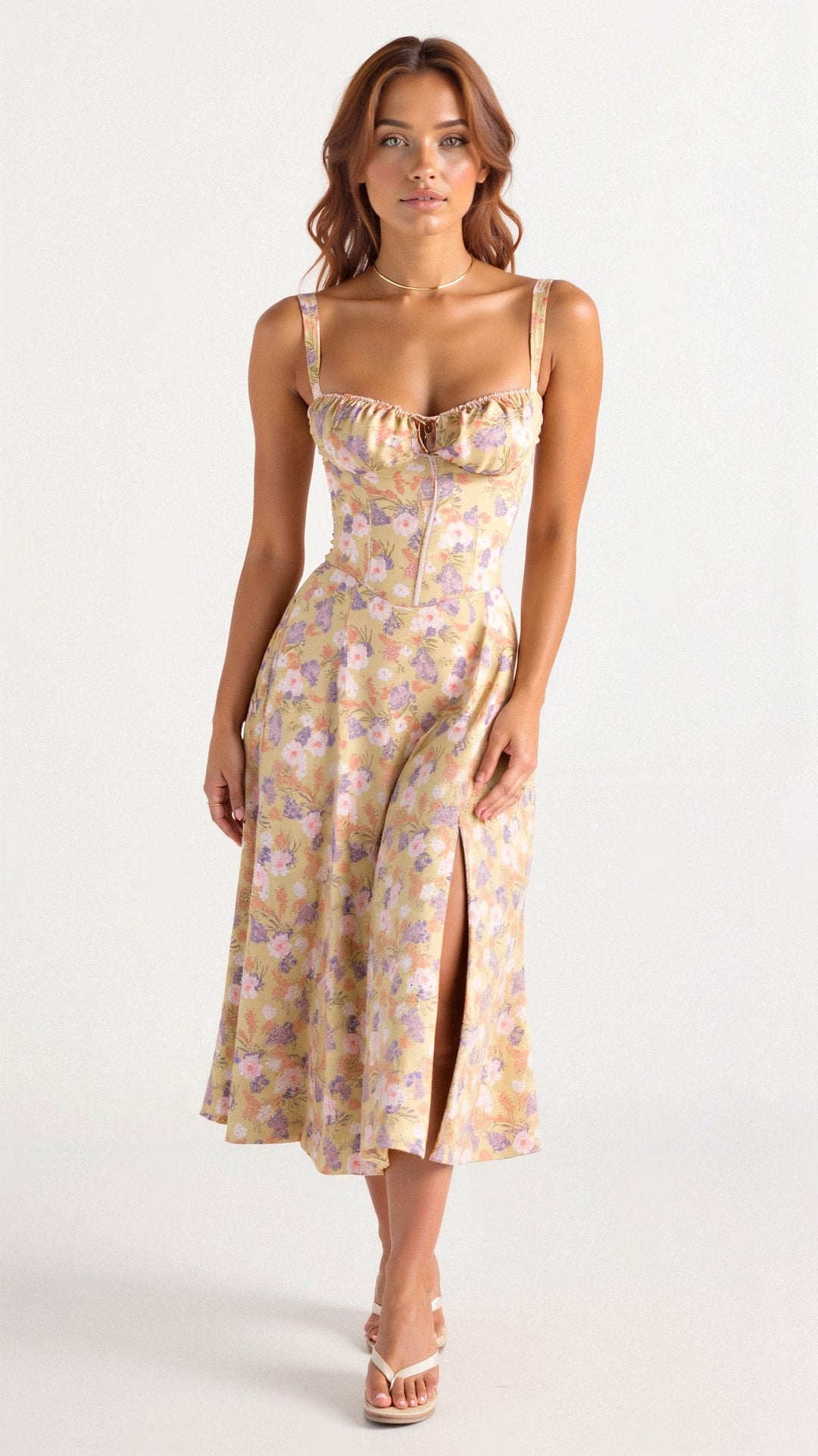 "Elegant women's corset-style waist dress with romantic sweetheart neckline and bow accent, perfect for warm-weather outings.