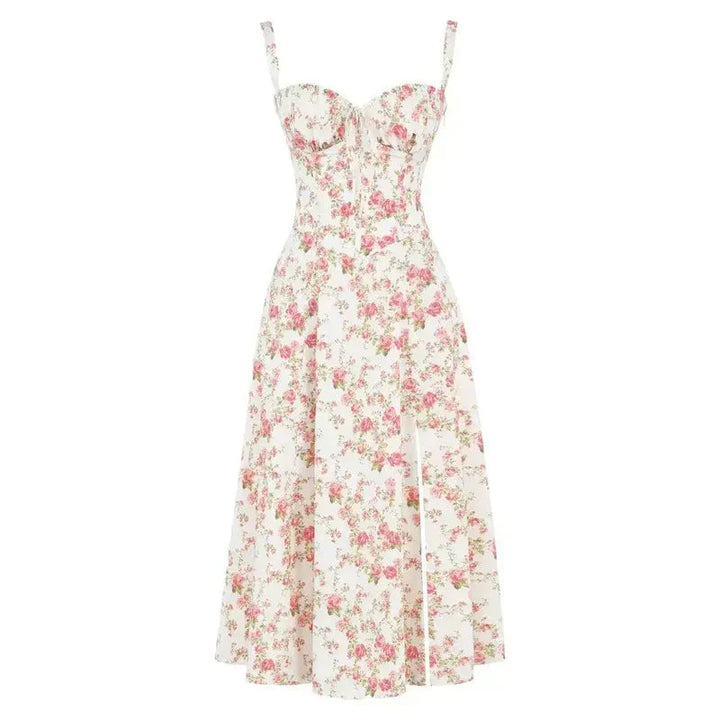 "Elegant women's corset-style waist dress with romantic sweetheart neckline and bow accent, perfect for warm-weather outings.