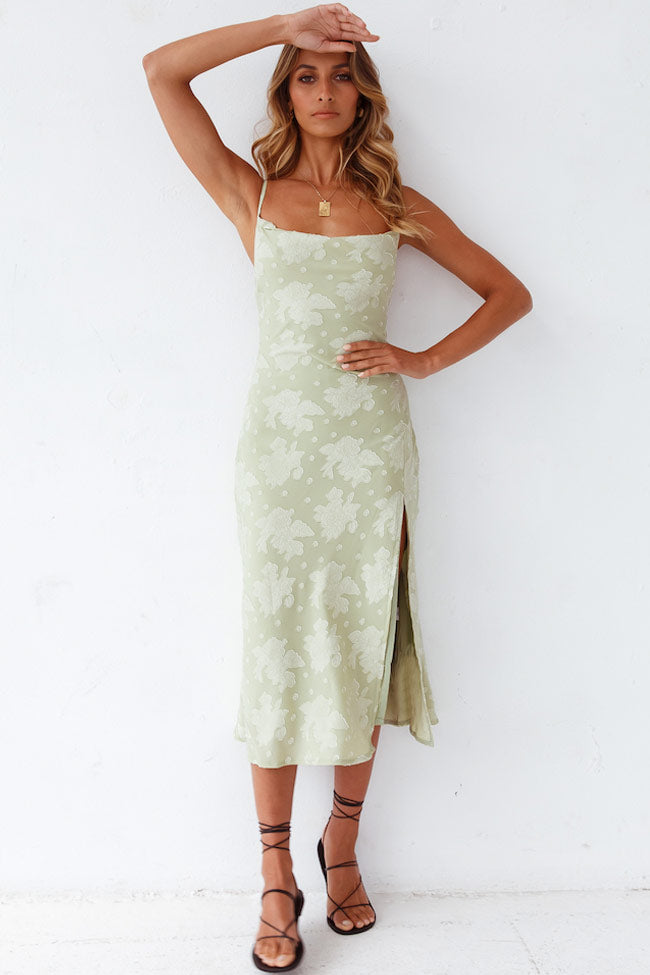 Elegant women's floral slip midi dress with cowl neck and high slit; perfect for evening wear and semi-formal events.