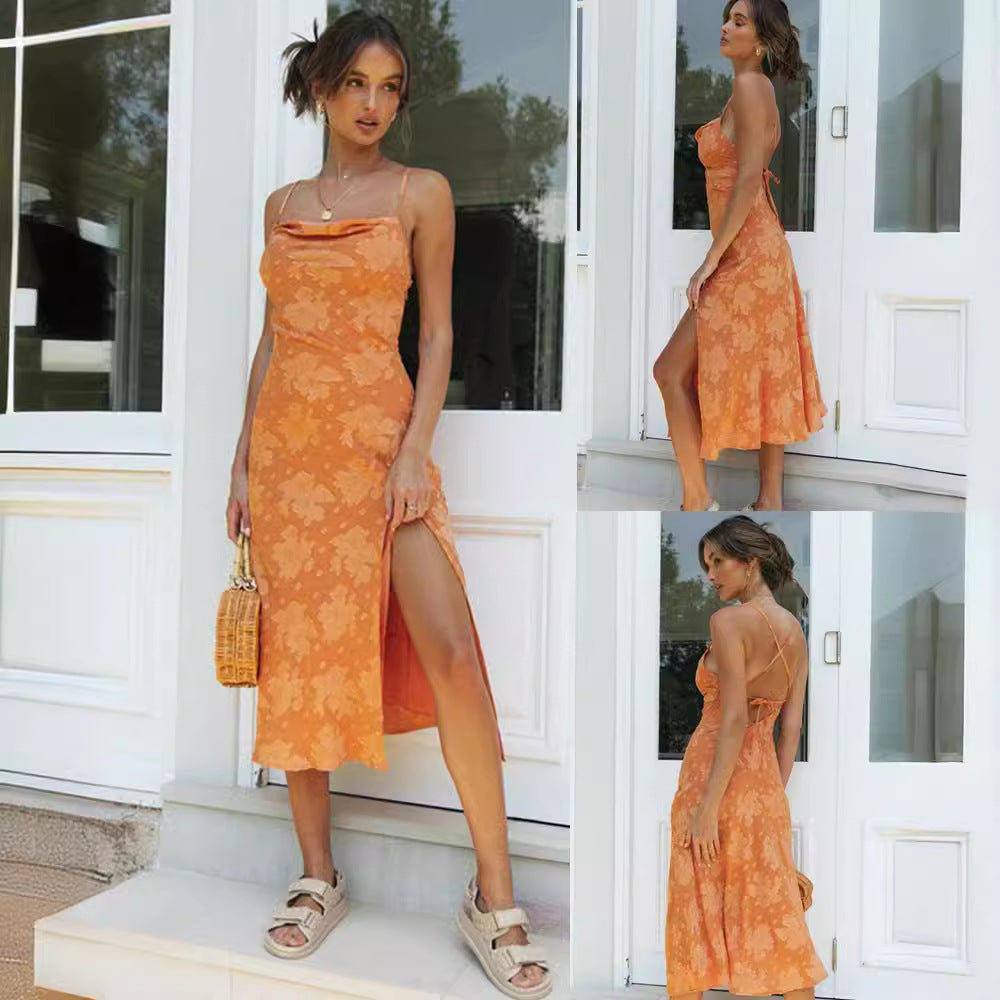 Elegant women's floral slip midi dress with cowl neck and high slit; perfect for evening wear and semi-formal events.