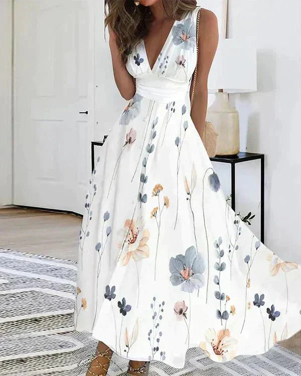 "Elegant women's floral V-neck dress with delicate pattern, perfect for casual and formal occasions, enhances style and grace