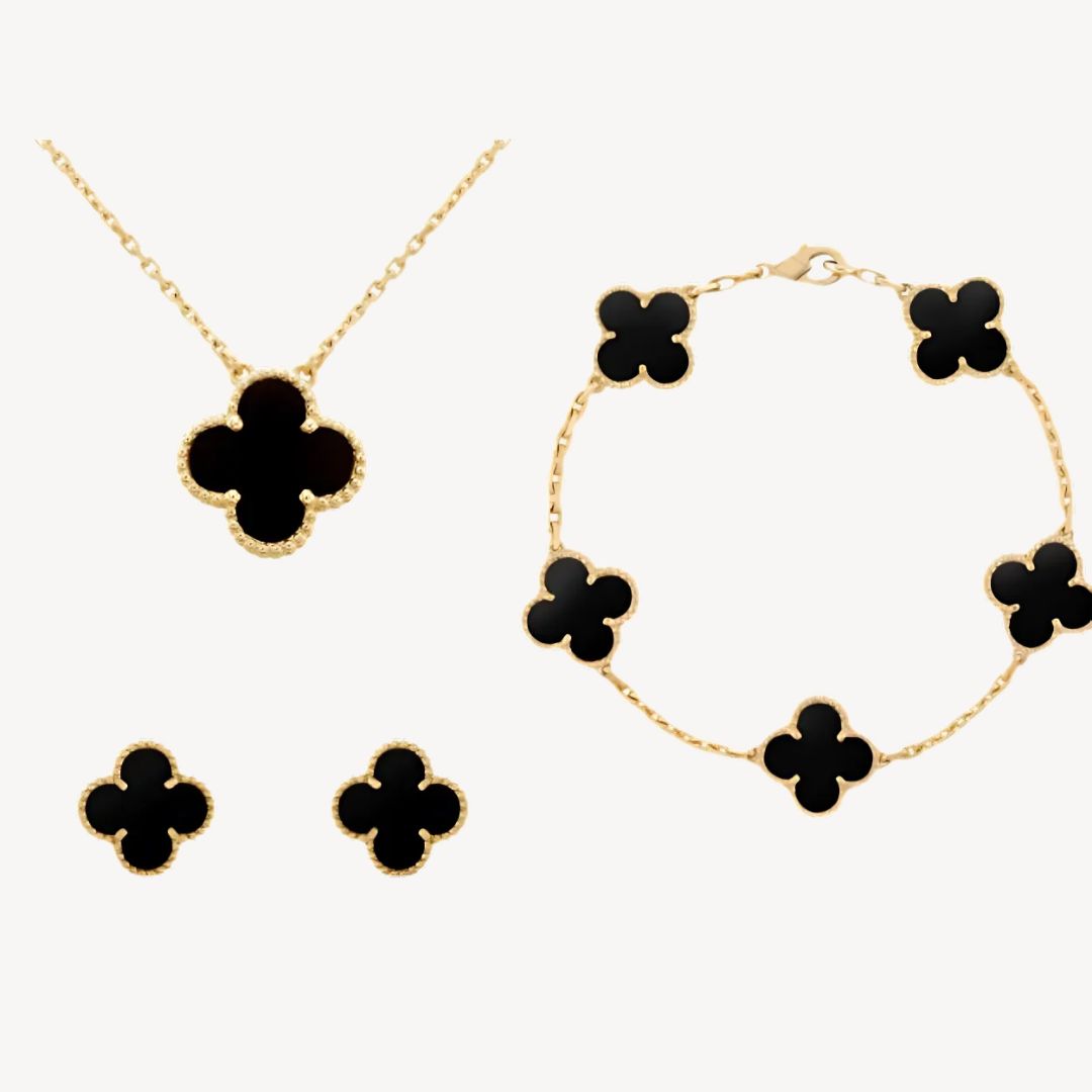 "Elegant Women's Gold-Tone Clover Jewellery Set with Necklace, Bracelet, Earrings; available in multiple colors for a stylish